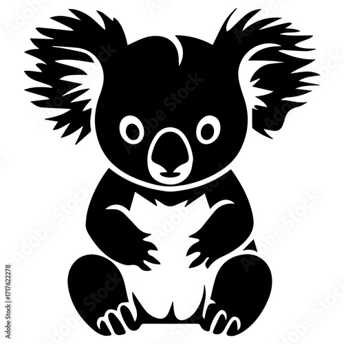 Illustration of a cute koala bear sitting with fluffy ears in black and white vector image style