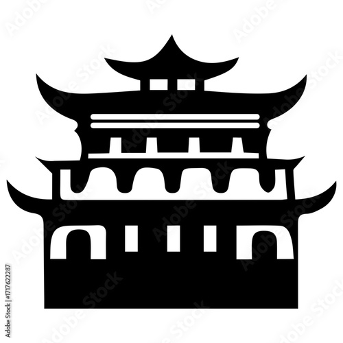 Illustration of a three tiered asian style building with decorative roof and wall elements design art