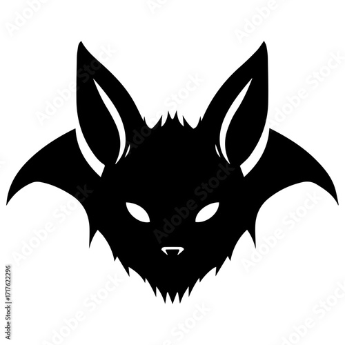 Silhouette of a bat with large ears and wings spread wide
