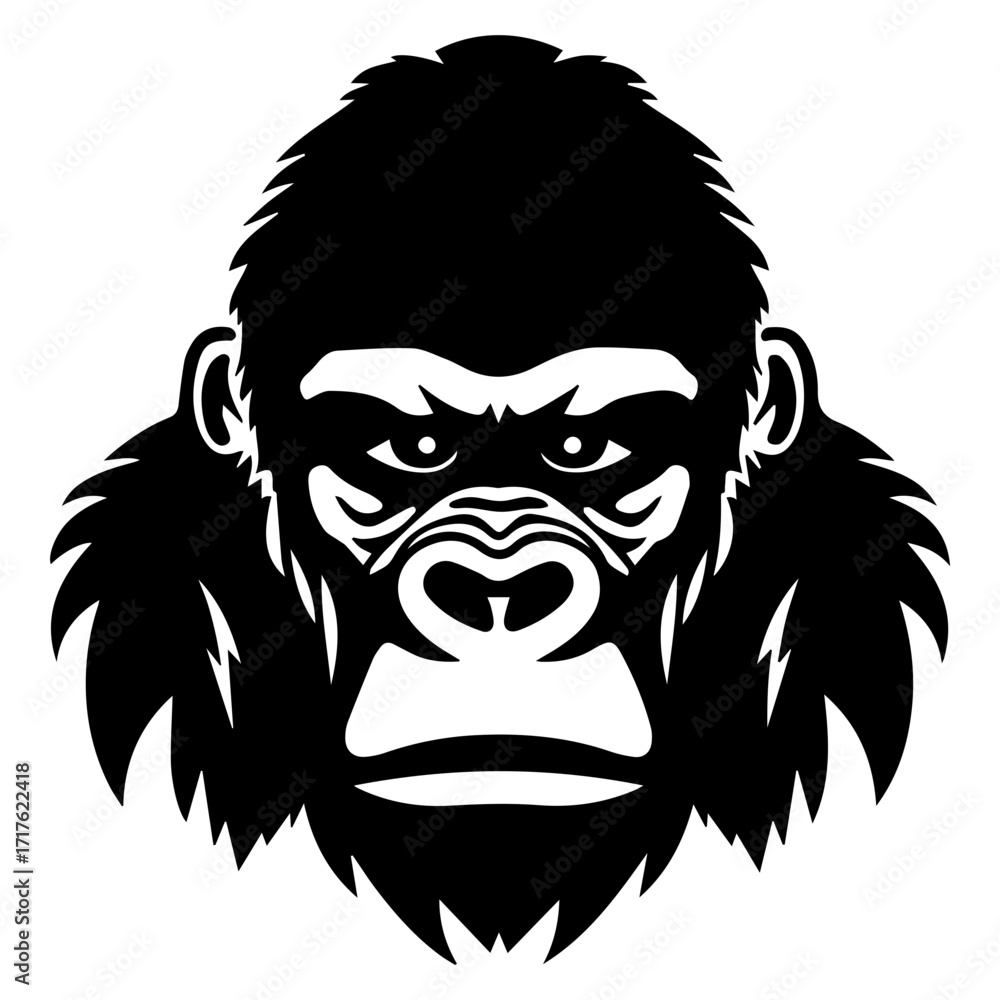 Fototapeta premium Illustration of a black and white gorilla head with detailed facial features and a serious expression look