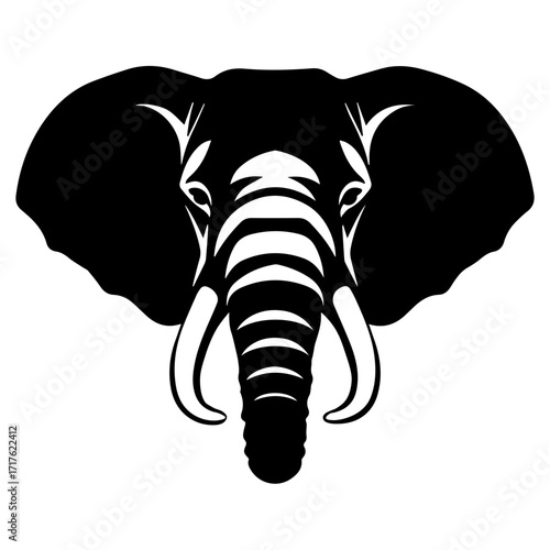 Illustration of an elephant head with large ears and tusks in a black and white color scheme design art