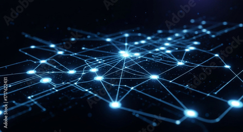 Dynamic interconnected digital network pulses with bright blue light against a dark abstract background, symbolizing global connectivity and data flow