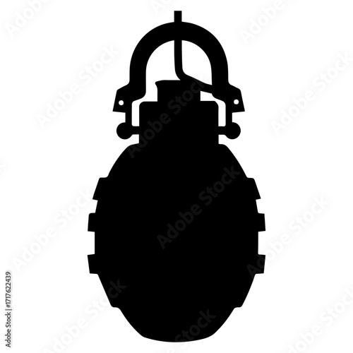 Silhouette of a grenade with a pin and segmented body on a white background in a simple vector style