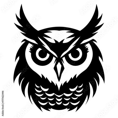Illustration of a stylized owl with large eyes and feathery details in black and white vector art