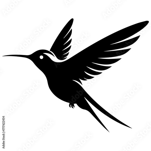 Silhouette of a hummingbird in flight with wings spread and long beak on a white background design vector
