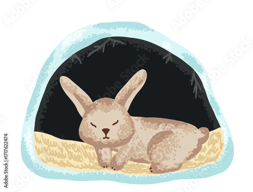 Sleeping hare in underground den. Forest animal hole in winter season in flat style