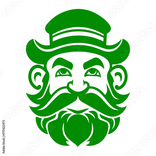 Green illustration of  leprechaun with a beard and mustache wearing a hat with two stripes on it