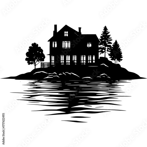 Lake house silhouette vector illustration waterfront home design idea