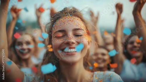 Joyful Celebration: A radiant young woman with freckles is surrounded by a vibrant confetti shower, her face alight with pure joy and unbridled enthusiasm.