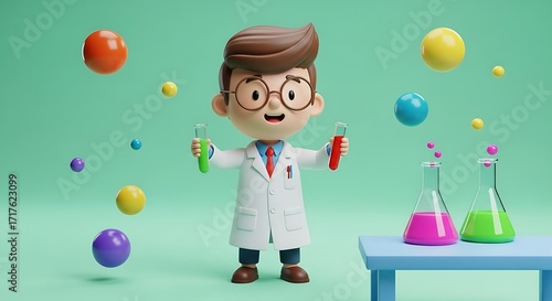 Smiling Cartoon Scientist with Test Tubes and Beakers on Green Background