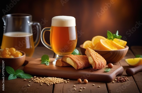 a glass of beer, delicious food, a bar. Beer festival. Oktoberfest. Folklore festival in Germany.