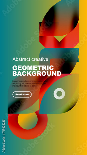 Vibrant geometric shapes overlap, creating dynamic abstract background. Text promotes further engagement. Colors blend smoothly.