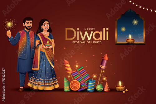 Indian festival of lights Happy Diwali with happy couple in home with crackers, holiday Background, Diwali celebration greeting card, vector illustration design.