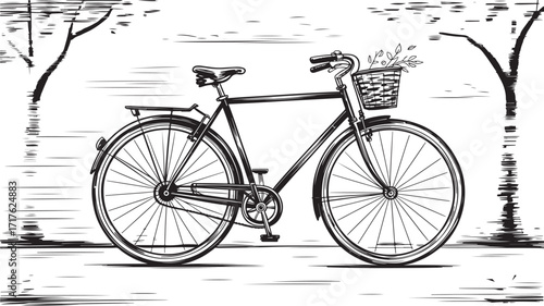 Vintage bicycle with flowers in basket parked in a park representing serenity nature and a carefree lifestyle