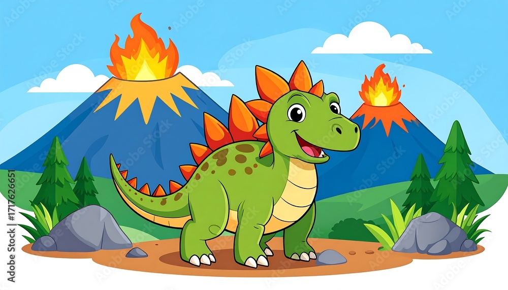 Obraz premium Happy dinosaur near erupting volcanoes