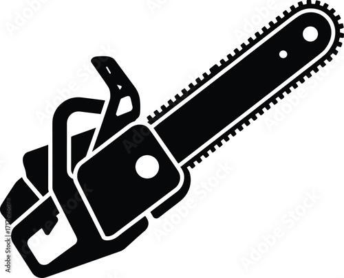 Black silhouette chainsaw icon, power tool symbol, woodworking equipment, outdoor tool, cutting machine, vector illustration,