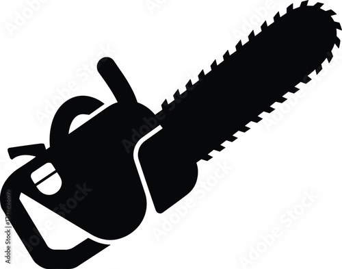 Black silhouette chainsaw icon, power tool symbol, woodworking equipment, outdoor tool, cutting machine, vector illustration,