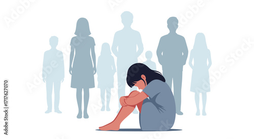 Sad Girl Feeling Lonely and Isolated Mental Health Depression Social Anxiety Vector Illustration