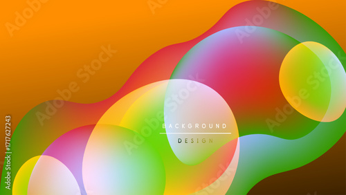 Abstract colorful shapes overlap, creating vibrant visual effect. Orange background contrasts with translucent forms. Modern design element.