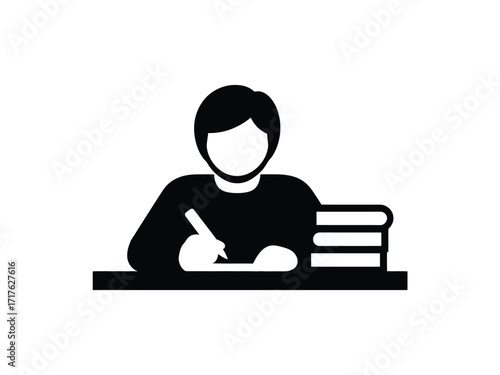 Stylized vector icon of a person writing at a desk with books silhouette vector illustration white background