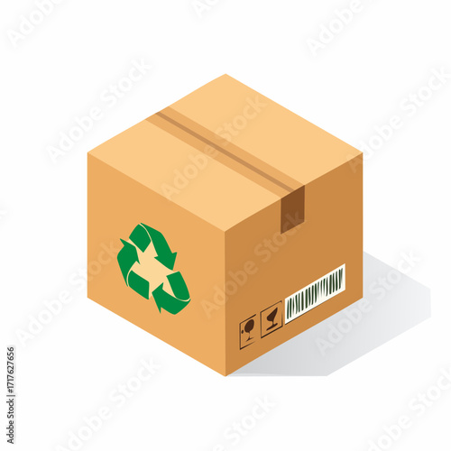 Sustainable cardboard shipping box with a prominent green recycling symbol, highlighting eco-friendly packaging and responsible logistics for a greener planet