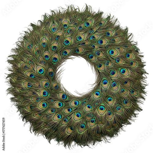 Exotic Peacock Feather Wreath Beauty Abstract Circular Design Vibrant Colors Eye Catching on transparent background