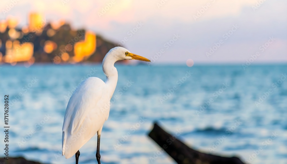 Obraz premium Heron by the sea at sunset