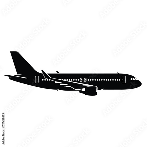 Vector illustration of black silhouette of a commercial airplane in flight