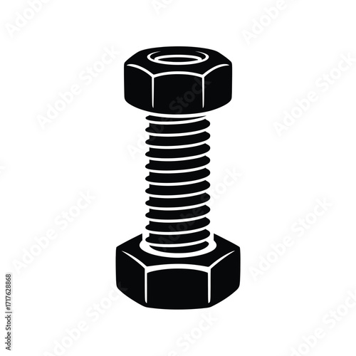 Scalable vector illustration of a hexagonal bolt and nut industrial fastener silhouette vector illustration white background