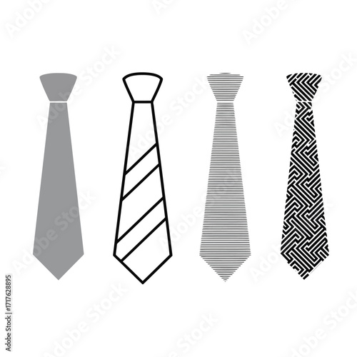 Vector illustration of four different tie designs, including solid, striped, and patterned
