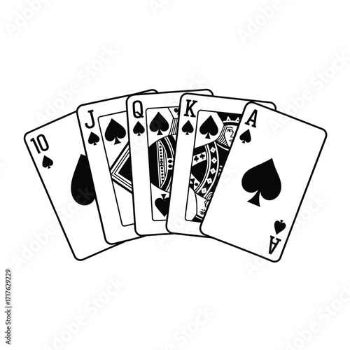 Black and white illustration of a royal flush poker hand vector graphic silhouette vector illustration white background