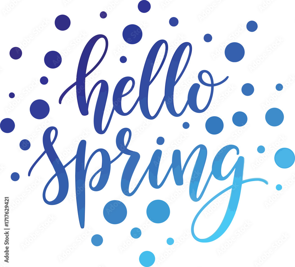 Fototapeta premium Hello Spring Typography Design with Blue Gradient Dots on White Background