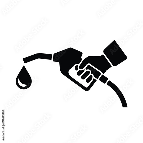 Black and white vector graphic icon of a hand holding a fuel pump nozzle with dripping fuel silhouette vector illustration white background