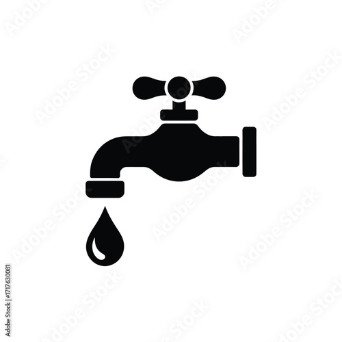 Simple stylized black icon of a dripping water faucet for plumbing and utility silhouette vector illustration white background