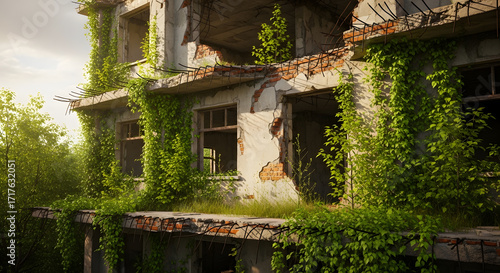 Photorealistic War-Damaged Building Covered with Green Vines and Plants
