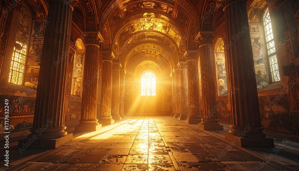 Obraz premium Ornate Golden Hallway at Sunrise with Sunlight Streaming Through Windows