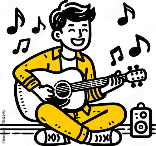 Hand drawn style flat vector design illustration of a happy man with guitar playing music