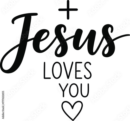 Jesus Loves You Phrase with Cross and Heart Symbol on Transparent Background