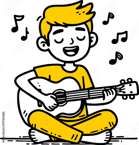 Hand drawn style flat vector design illustration of a happy man with guitar playing music