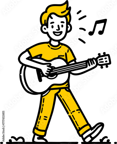 Hand drawn style flat vector design illustration of a happy man with guitar playing music