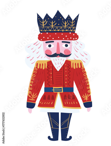 The Nutcracker King soldier in a red uniform and crown. Flat vector illustration of a Christmas fairy tale character isolated on white background.