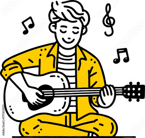 Hand drawn style flat vector design illustration of a happy man with guitar playing music
