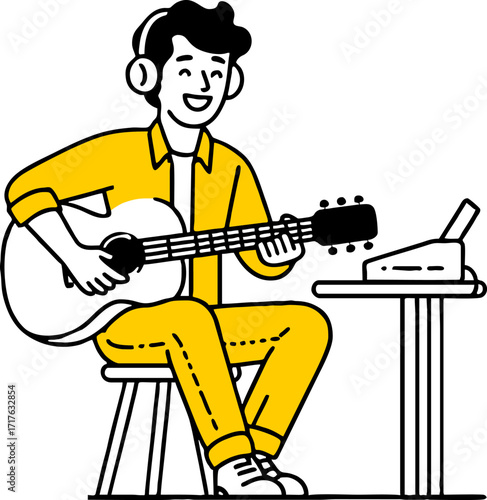Hand drawn style flat vector design illustration of a happy man with guitar playing music