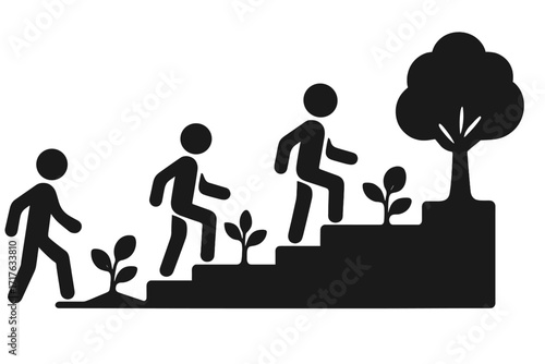 Concept of personal and career growth. Step by step development and progress. Man walking up stairs. From seedling to tree. Metaphor for success, evolution, and motivation.