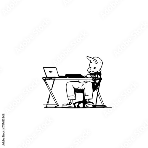 Whimsical character engrossed in laptop work, showcasing dedication and modern digital engagement for creative projects and online endeavors.