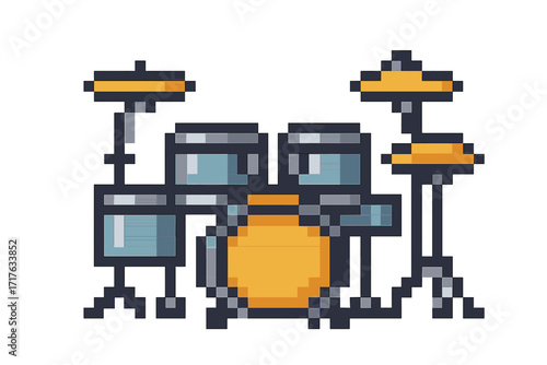 Drum set pixel art icon. 8-bit musical instrument vector illustration. Retro game asset. Music, rhythm, beat, and rock band concepts. Isolated percussion kit symbol.