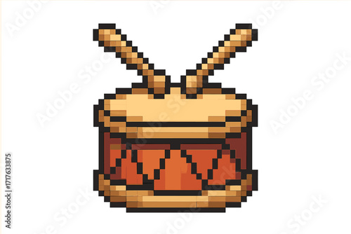 Drum and drumsticks pixel art icon. 8 bit retro video game asset. Vintage musical instrument for rhythm and beat. Percussion symbol for music or band. Vector illustration.