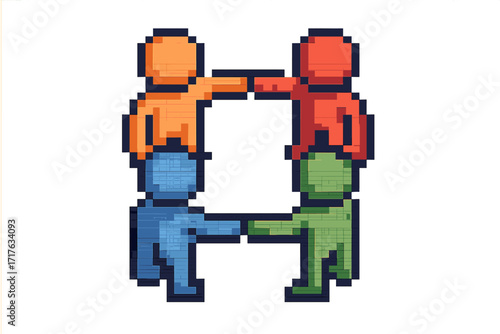 Pixel art concept of teamwork and collaboration. Four colorful people holding hands together in a square. Vector icon symbolizing unity, community, partnership, and diversity.