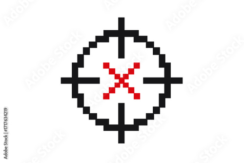 Pixel art crosshair for retro video games. 8-bit style sniper scope target symbol. Vector illustration for user interface design, heads-up display, gaming aim graphic element.