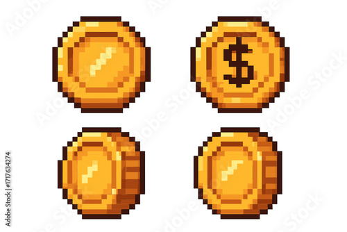 Pixel art coin set. Golden money dollar icon for 8-bit retro game. Vector illustration of game assets. Finance currency symbol. Digital cash treasure graphic element isolated.